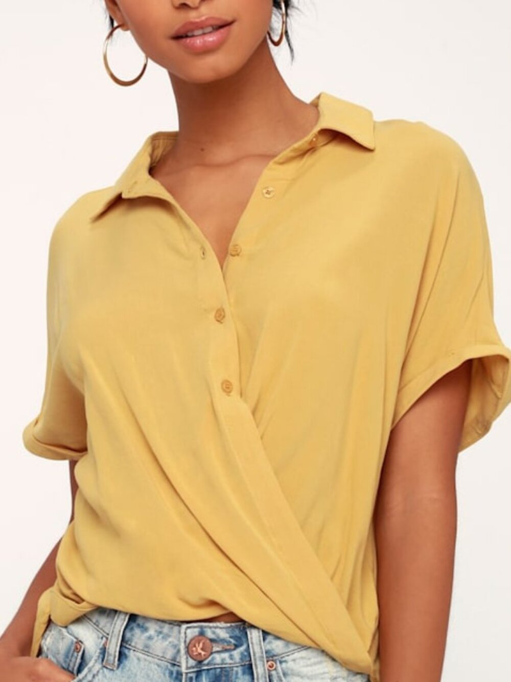 Lulus Addington Mustard Yellow Twisted High-low Button-up Top - Size X-Small